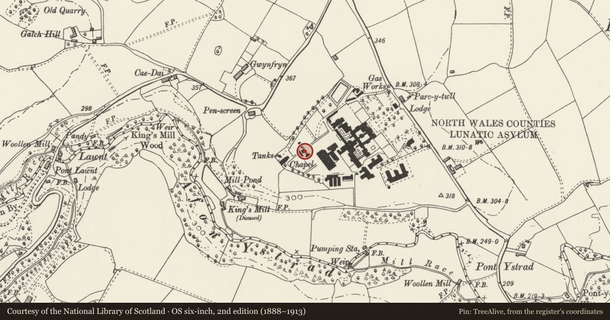 Ordnance Survey six-inch map, 2nd edition (1888–1913) covering the location of 'The Bungalow' (Former Isolation Ward) at the North Wales Hospital, inc associated Mortuary Block, Denbigh, Denbighshire, with a pin at the register's coordinates