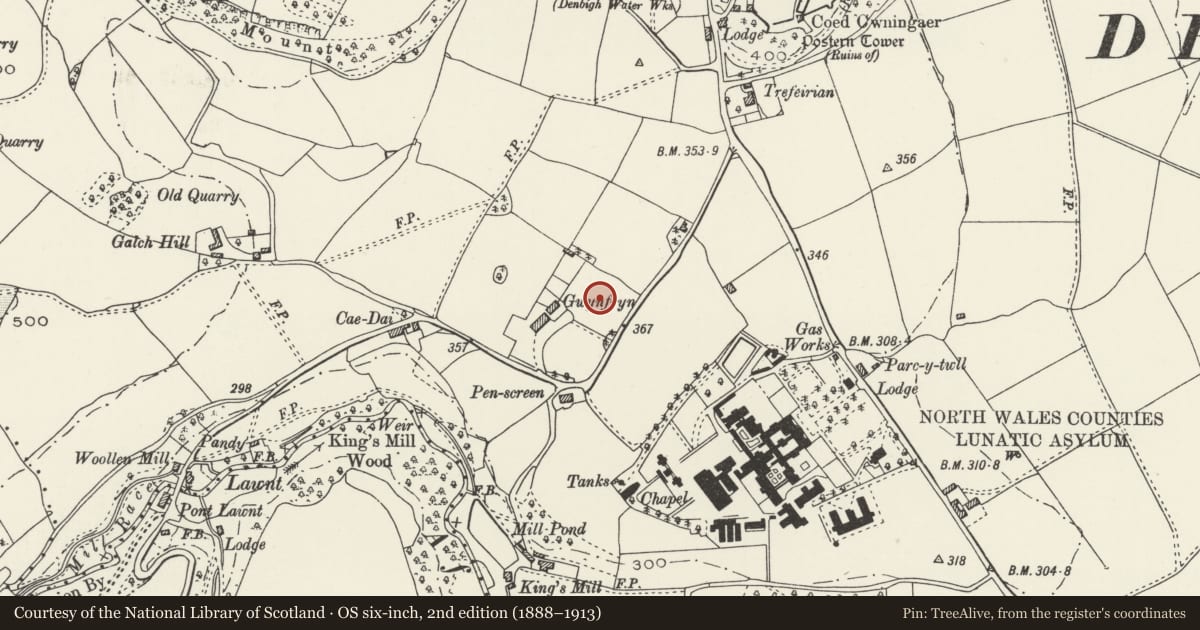 Ordnance Survey six-inch map, 2nd edition (1888–1913) covering the location of Tal-y-Fan Ward at the North Wales Hospital, Denbigh, Denbighshire, with a pin at the register's coordinates