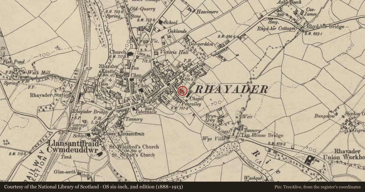 Ordnance Survey six-inch map, 2nd edition (1888–1913) covering the location of YMCA Building, Rhayader, Powys, with a pin at the register's coordinates