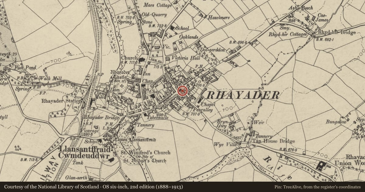Ordnance Survey six-inch map, 2nd edition (1888–1913) covering the location of Corner Shop, Rhayader, Powys, with a pin at the register's coordinates