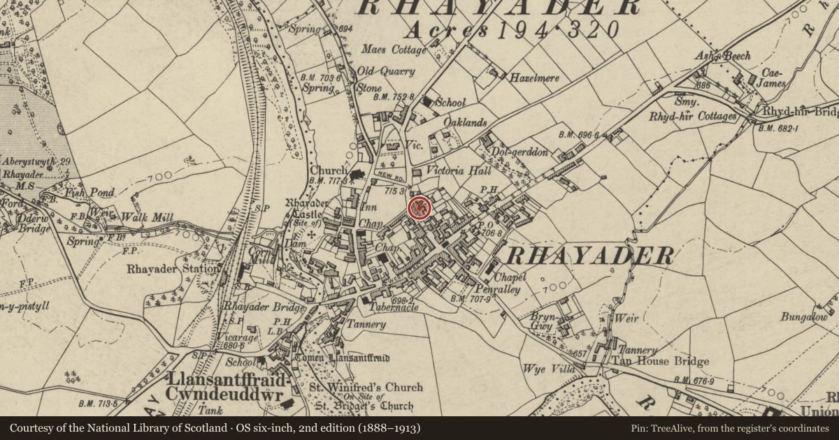 Ordnance Survey six-inch map, 2nd edition (1888–1913) covering the location of Glannant, Rhayader, Powys, with a pin at the register's coordinates