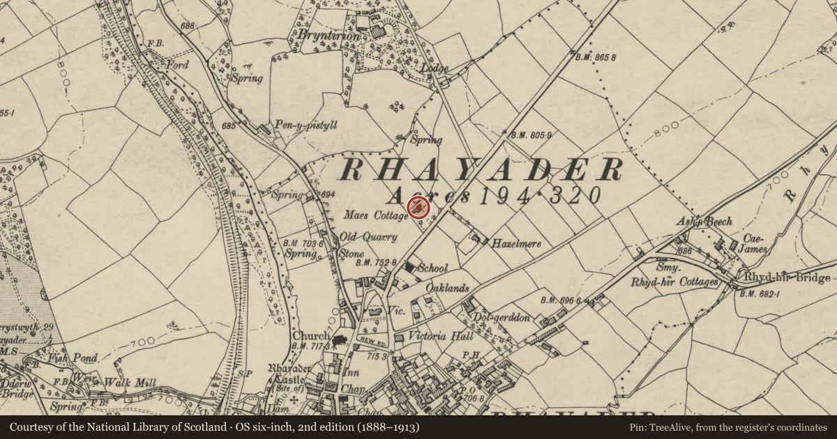 Ordnance Survey six-inch map, 2nd edition (1888–1913) covering the location of Crud yr Arwel, Rhayader, Powys, with a pin at the register's coordinates