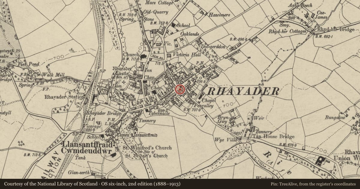 Ordnance Survey six-inch map, 2nd edition (1888–1913) covering the location of Shop on S Corner, Rhayader, Powys, with a pin at the register's coordinates