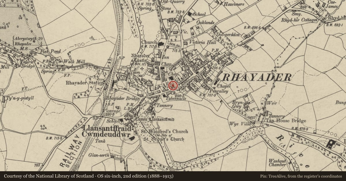 Ordnance Survey six-inch map, 2nd edition (1888–1913) covering the location of Cwmdeuddwr Arms, Rhayader, Powys, with a pin at the register's coordinates