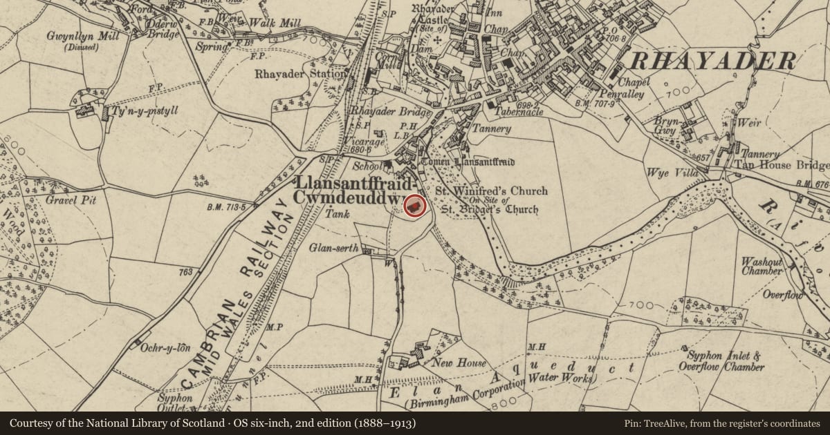 Ordnance Survey six-inch map, 2nd edition (1888–1913) covering the location of Church of St Bride, Rhayader, Powys, with a pin at the register's coordinates