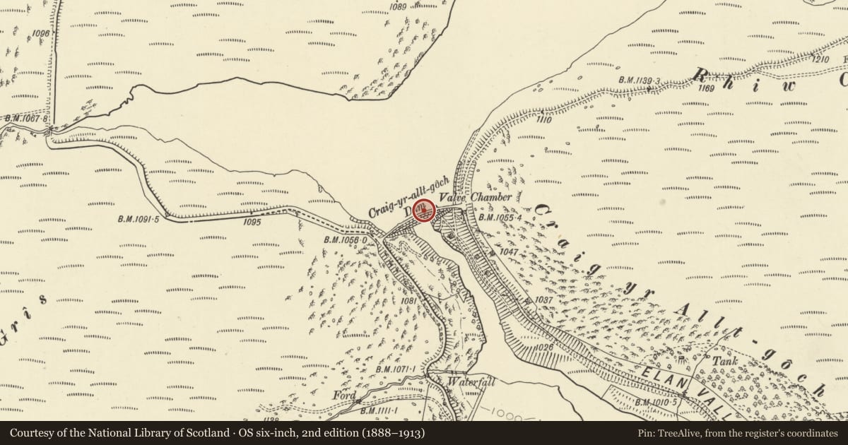 Ordnance Survey six-inch map, 2nd edition (1888–1913) covering the location of Craig Coch Dam & Valve Tower, Rhayader, Powys, with a pin at the register's coordinates