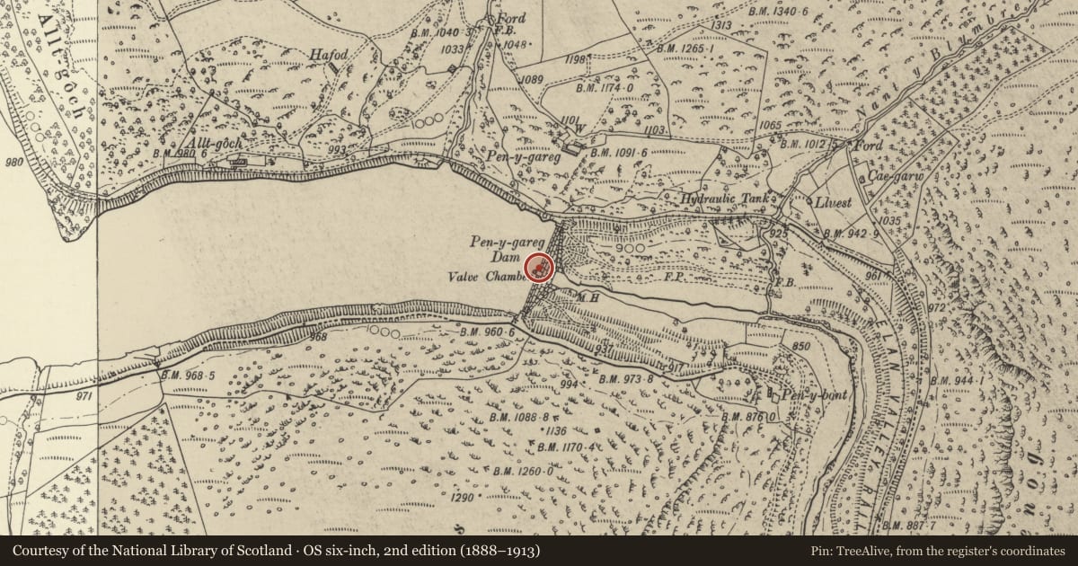 Ordnance Survey six-inch map, 2nd edition (1888–1913) covering the location of Penygarreg Dam & Valve Tower, Rhayader, Powys, with a pin at the register's coordinates