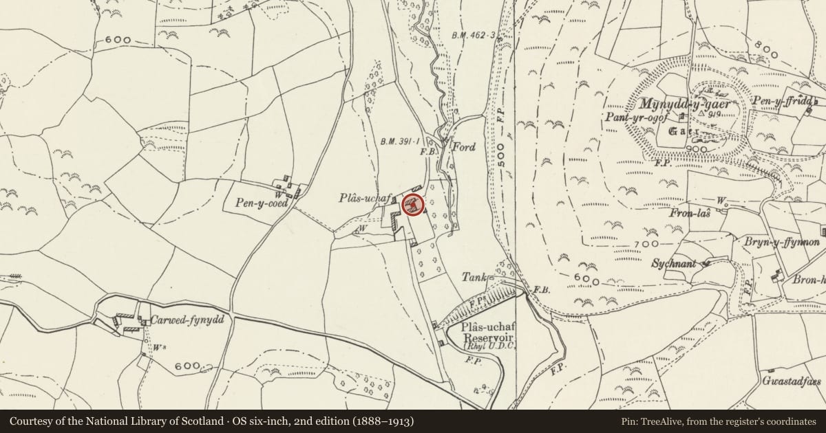 Ordnance Survey six-inch map, 2nd edition (1888–1913) covering the location of Plas Uchaf, Llannefydd, Conwy, with a pin at the register's coordinates