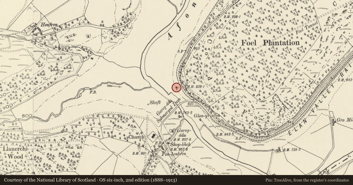 Ordnance Survey six-inch map, 2nd edition (1888–1913) covering the location of Foel Valve Tower, Rhayader, Powys, with a pin at the register's coordinates