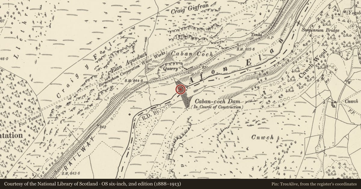 Ordnance Survey six-inch map, 2nd edition (1888–1913) covering the location of Caban Coch Dam (partly in Llanwrthwl community), Rhayader, Powys, with a pin at the register's coordinates