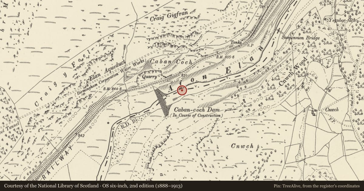 Ordnance Survey six-inch map, 2nd edition (1888–1913) covering the location of Footbridge at hydro-electric station (partly in Llanwrthwl community), Rhayader, Powys, with a pin at the register's coordinates