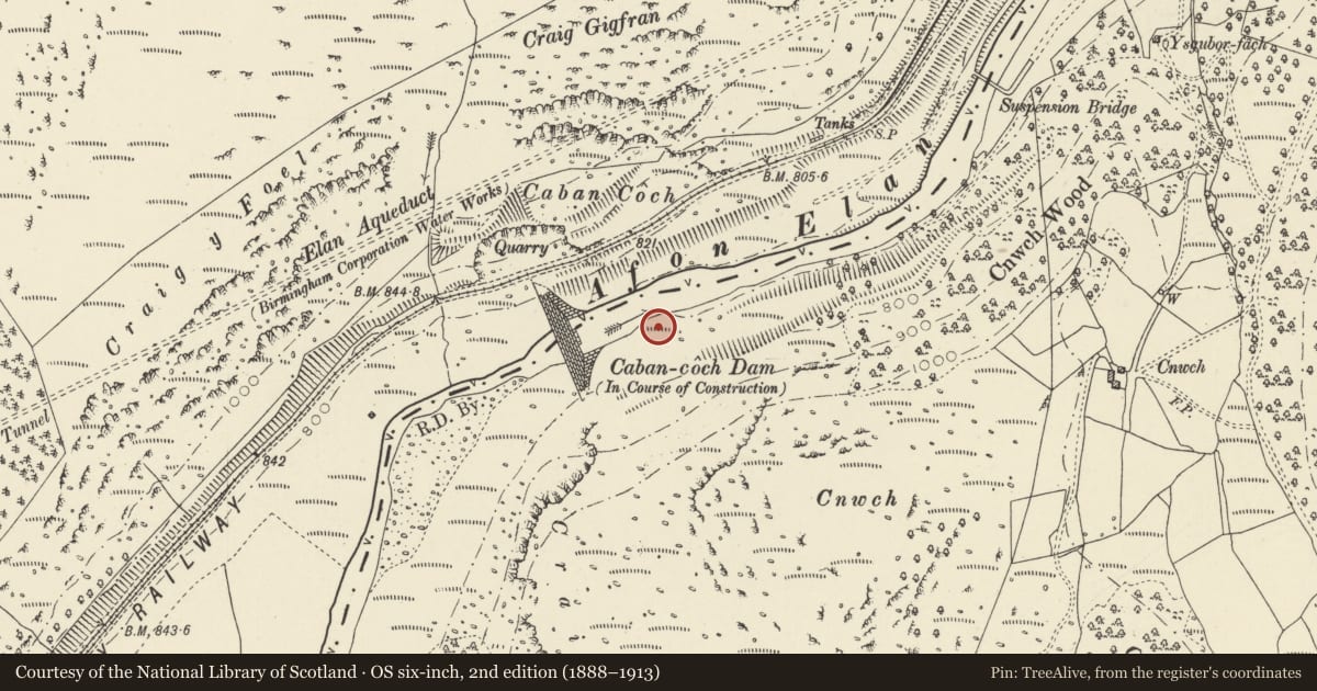 Ordnance Survey six-inch map, 2nd edition (1888–1913) covering the location of Hydro-electric Station below Caban Coch Dam (south power house), Llanwrthwl, Powys, with a pin at the register's coordinates