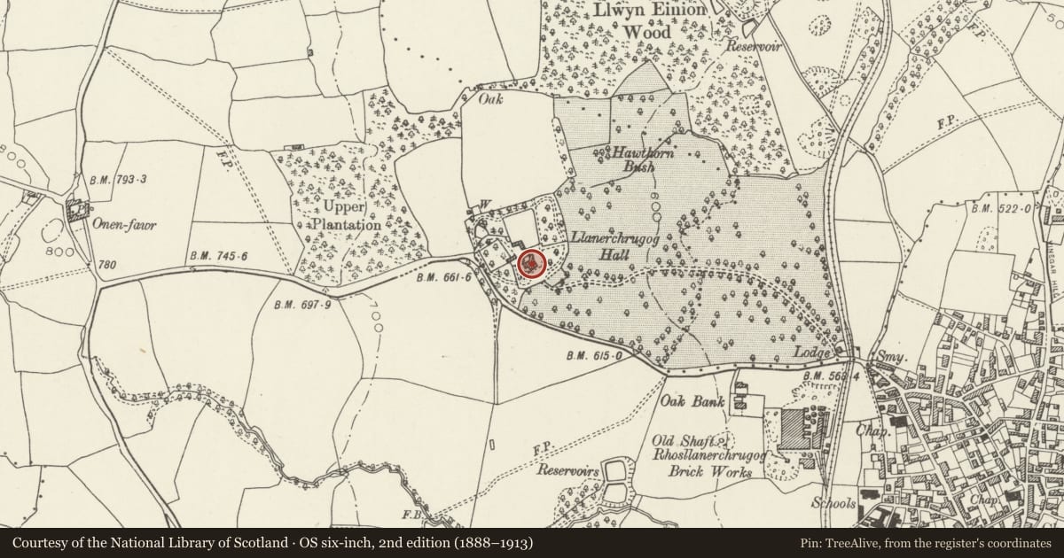 Ordnance Survey six-inch map, 2nd edition (1888–1913) covering the location of Llannerchrugog Hall, Rhosllanerchrugog, Wrexham, with a pin at the register's coordinates