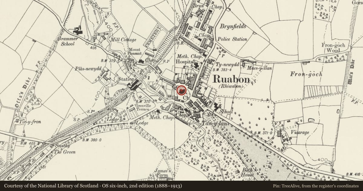 Ordnance Survey six-inch map, 2nd edition (1888–1913) covering the location of Church of St Mary, including churchyard walls and lych gate, Ruabon, Wrexham, with a pin at the register's coordinates