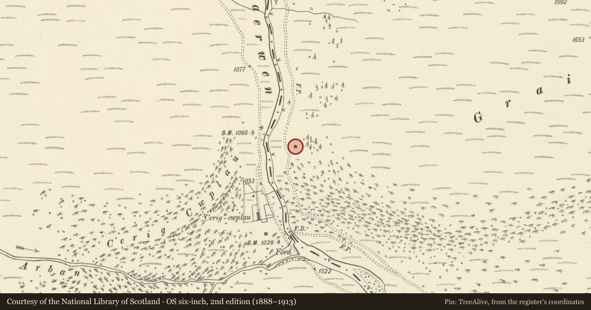 Ordnance Survey six-inch map, 2nd edition (1888–1913) covering the location of Claerwen Dam, including attached footbridges (partly in Llanwrthwl Community), Rhayader, Powys, with a pin at the register's coordinates