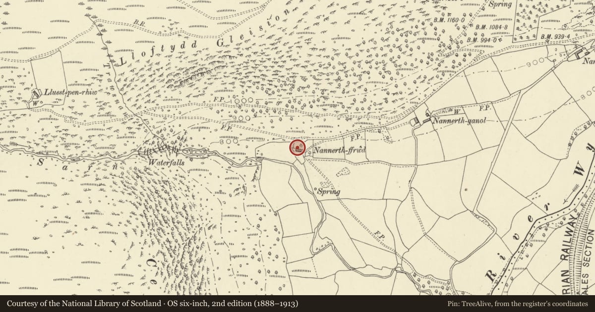 Ordnance Survey six-inch map, 2nd edition (1888–1913) covering the location of Attached Agricultural Range to Nannerth Ffwrdd Farmhouse, Rhayader, Powys, with a pin at the register's coordinates