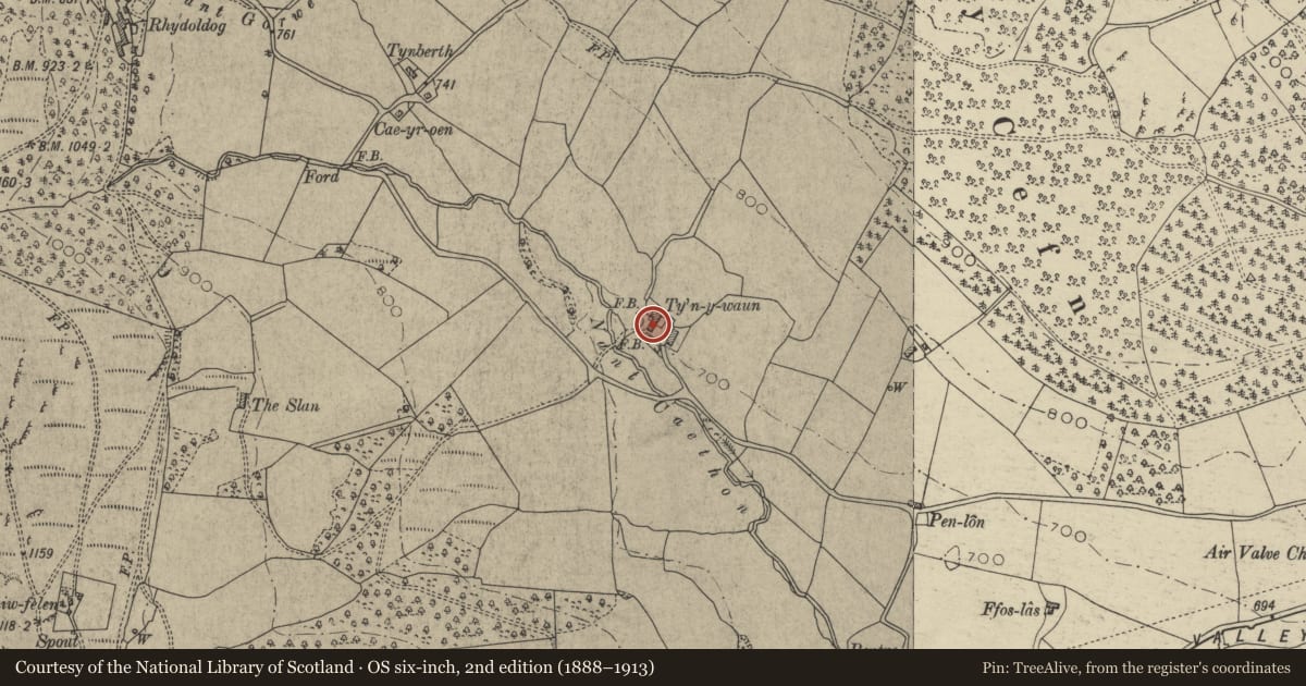 Ordnance Survey six-inch map, 2nd edition (1888–1913) covering the location of Attached Barn to Tyn y Waun Farmhouse, Rhayader, Powys, with a pin at the register's coordinates