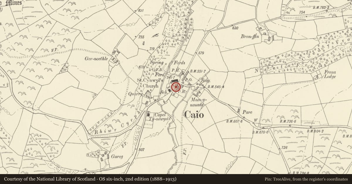 Ordnance Survey six-inch map, 2nd edition (1888–1913) covering the location of Lychgate to Parish church of St Cynwyl, Cynwyl Gaeo, Carmarthenshire, with a pin at the register's coordinates