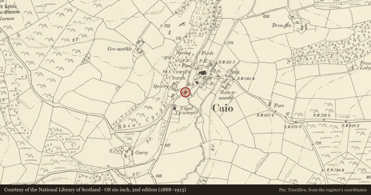 Ordnance Survey six-inch map, 2nd edition (1888–1913) covering the location of Bridge over River Annell including attached retaining walls, Cynwyl Gaeo, Carmarthenshire, with a pin at the register's coordinates