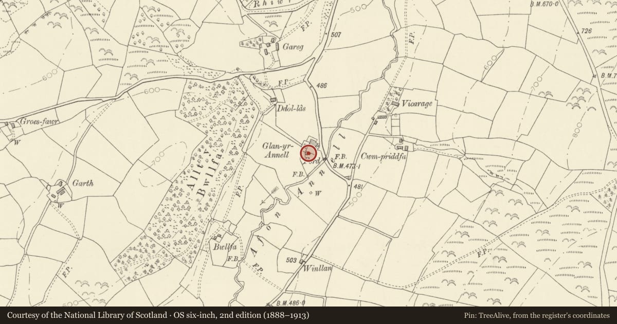 Ordnance Survey six-inch map, 2nd edition (1888–1913) covering the location of Barn Range at Glanyrannell, Cynwyl Gaeo, Carmarthenshire, with a pin at the register's coordinates
