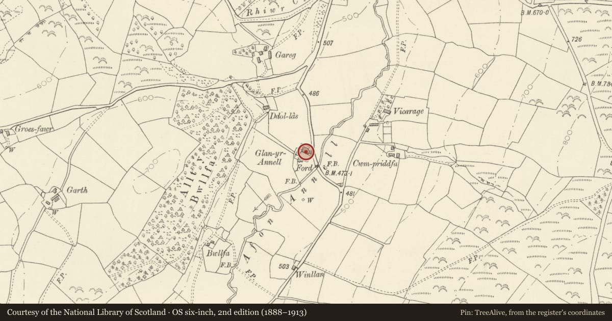 Ordnance Survey six-inch map, 2nd edition (1888–1913) covering the location of Cowshed at Glanyrannell, Cynwyl Gaeo, Carmarthenshire, with a pin at the register's coordinates