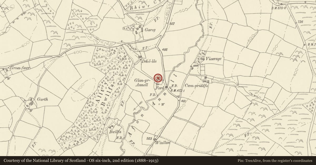 Ordnance Survey six-inch map, 2nd edition (1888–1913) covering the location of Cooling House at Glanyrannell, Cynwyl Gaeo, Carmarthenshire, with a pin at the register's coordinates
