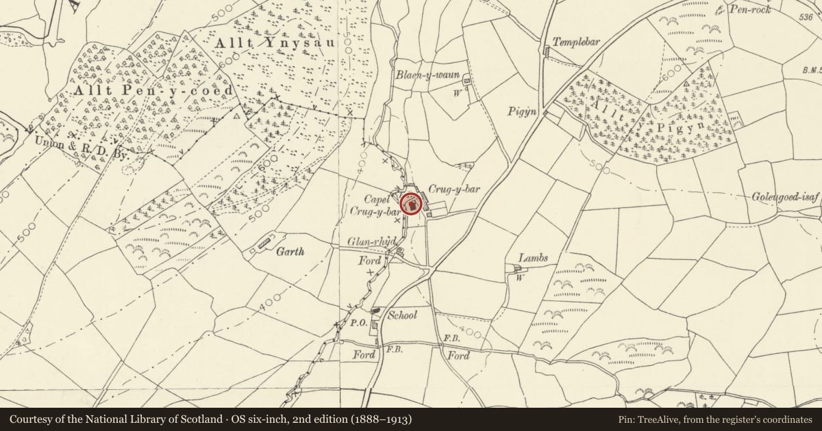 Ordnance Survey six-inch map, 2nd edition (1888–1913) covering the location of Crugybar Independent Chapel, Cynwyl Gaeo, Carmarthenshire, with a pin at the register's coordinates