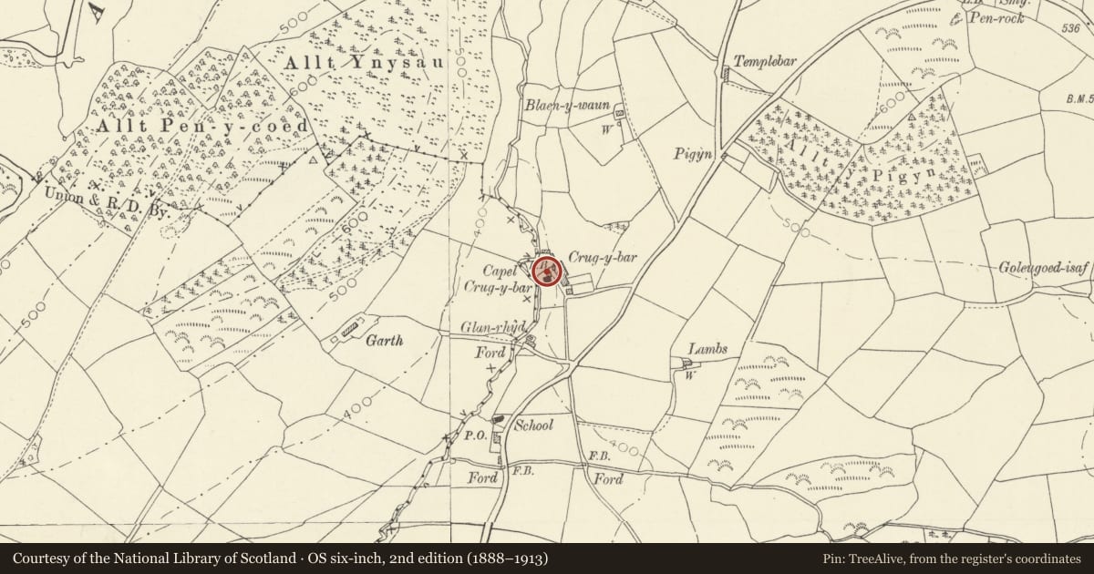 Ordnance Survey six-inch map, 2nd edition (1888–1913) covering the location of Vestry and Forecourt Railings to Crugybar Independent Chapel, Cynwyl Gaeo, Carmarthenshire, with a pin at the register's coordinates