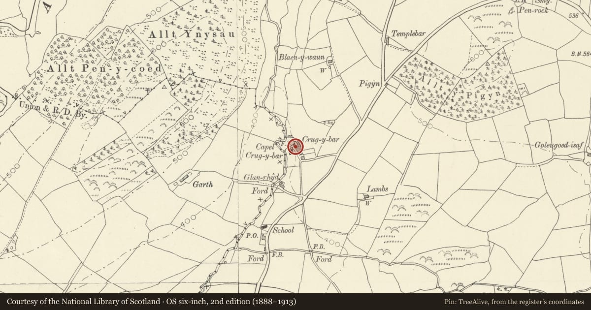 Ordnance Survey six-inch map, 2nd edition (1888–1913) covering the location of 1. Terraced Row of 4 Houses oppisite Indepentent Chapel, Cynwyl Gaeo, Carmarthenshire, with a pin at the register's coordinates