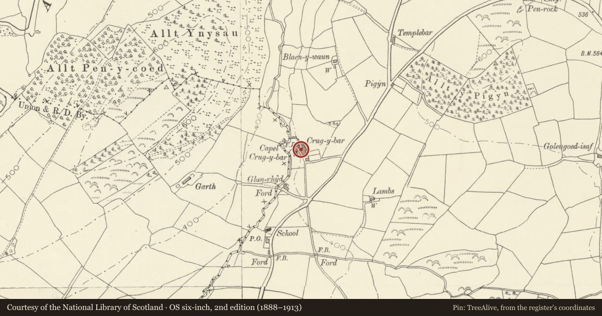 Ordnance Survey six-inch map, 2nd edition (1888–1913) covering the location of 2.Terraced Row of 4 houses opposite Independent Chapel, Cynwyl Gaeo, Carmarthenshire, with a pin at the register's coordinates