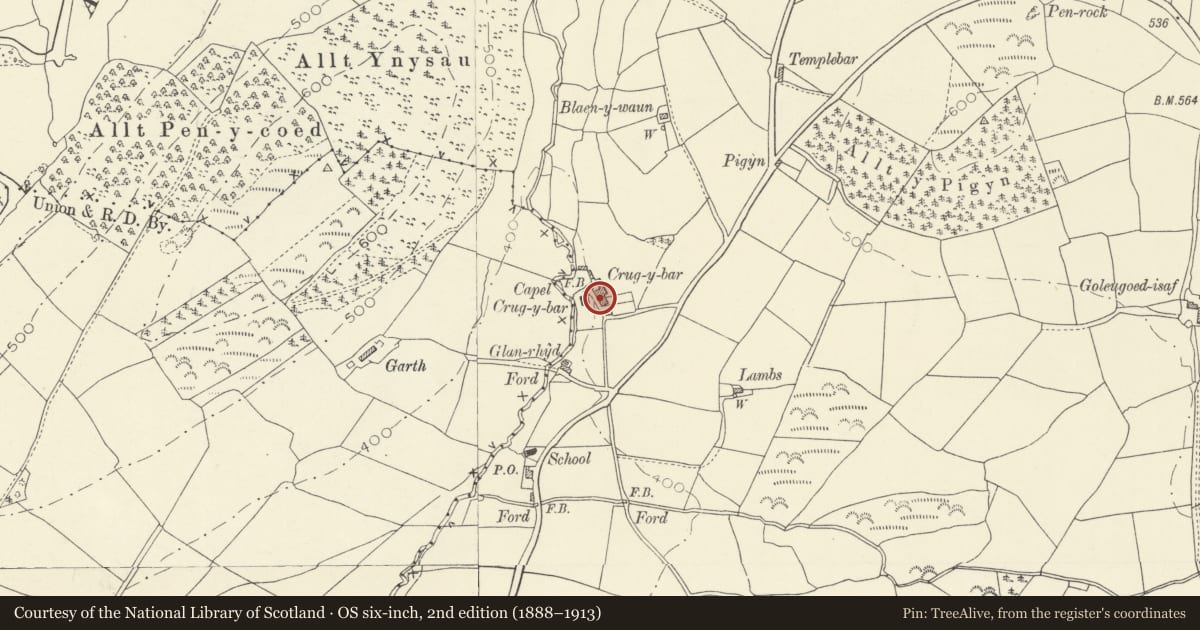 Ordnance Survey six-inch map, 2nd edition (1888–1913) covering the location of 4. Terraced Row of 4 houses opposite Independent Chapel, Cynwyl Gaeo, Carmarthenshire, with a pin at the register's coordinates