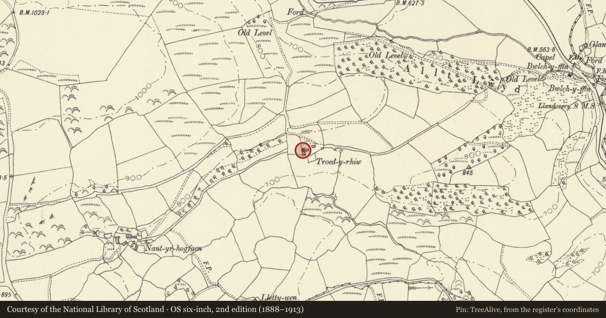 Ordnance Survey six-inch map, 2nd edition (1888–1913) covering the location of Barn Range at Troedyrhiw, Cynwyl Gaeo, Carmarthenshire, with a pin at the register's coordinates