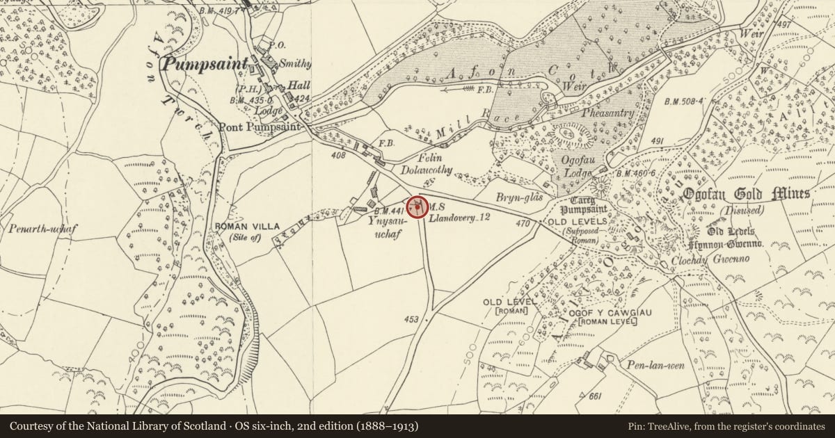 Ordnance Survey six-inch map, 2nd edition (1888–1913) covering the location of Milstone near Ynysau-Uchaf, Cynwyl Gaeo, Carmarthenshire, with a pin at the register's coordinates