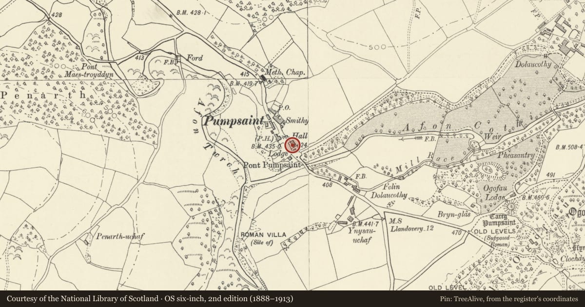Ordnance Survey six-inch map, 2nd edition (1888–1913) covering the location of Village Hall, Cynwyl Gaeo, Carmarthenshire, with a pin at the register's coordinates