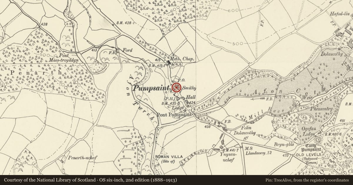 Ordnance Survey six-inch map, 2nd edition (1888–1913) covering the location of Attached Cottage to left of The Forge, Cynwyl Gaeo, Carmarthenshire, with a pin at the register's coordinates