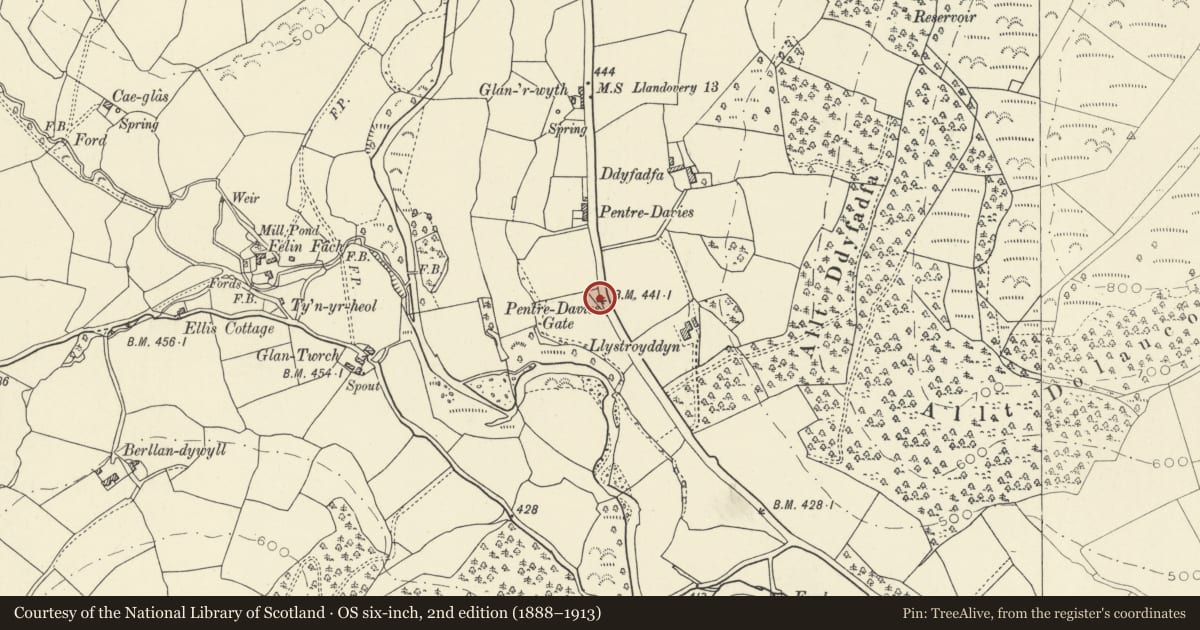 Ordnance Survey six-inch map, 2nd edition (1888–1913) covering the location of Gate House, Cynwyl Gaeo, Carmarthenshire, with a pin at the register's coordinates