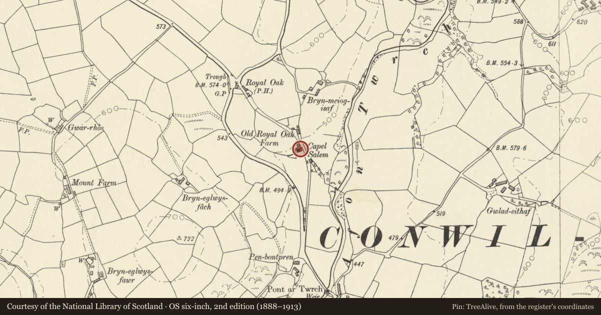 Ordnance Survey six-inch map, 2nd edition (1888–1913) covering the location of Salem Baptist Chapel, Cynwyl Gaeo, Carmarthenshire, with a pin at the register's coordinates