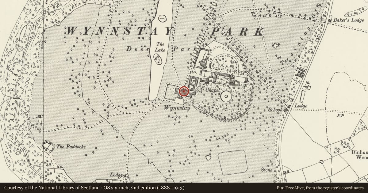 Ordnance Survey six-inch map, 2nd edition (1888–1913) covering the location of Wynnstay Hall, Ruabon, Wrexham, with a pin at the register's coordinates
