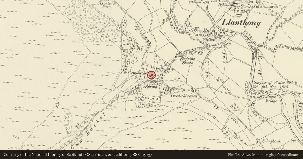 Ordnance Survey six-inch map, 2nd edition (1888–1913) covering the location of Cwm Bwchel Farmhouse, Crucorney, Monmouthshire, with a pin at the register's coordinates
