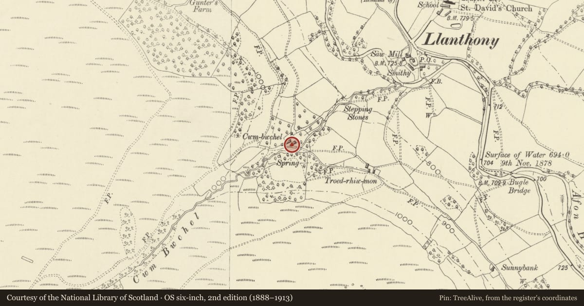 Ordnance Survey six-inch map, 2nd edition (1888–1913) covering the location of Former External Kitchen at Cwm Bwchel Farm, Crucorney, Monmouthshire, with a pin at the register's coordinates
