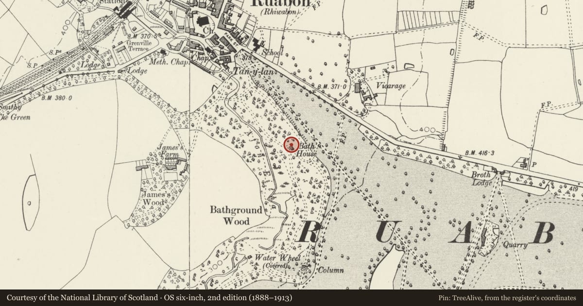 Ordnance Survey six-inch map, 2nd edition (1888–1913) covering the location of The Bath House Wynnstay, Ruabon, Wrexham, with a pin at the register's coordinates