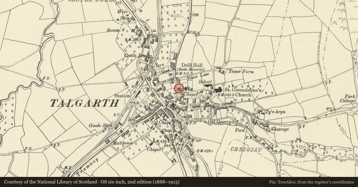 Ordnance Survey six-inch map, 2nd edition (1888–1913) covering the location of Former Shop at Olde Mason's Arms P.H., Talgarth, Powys, with a pin at the register's coordinates