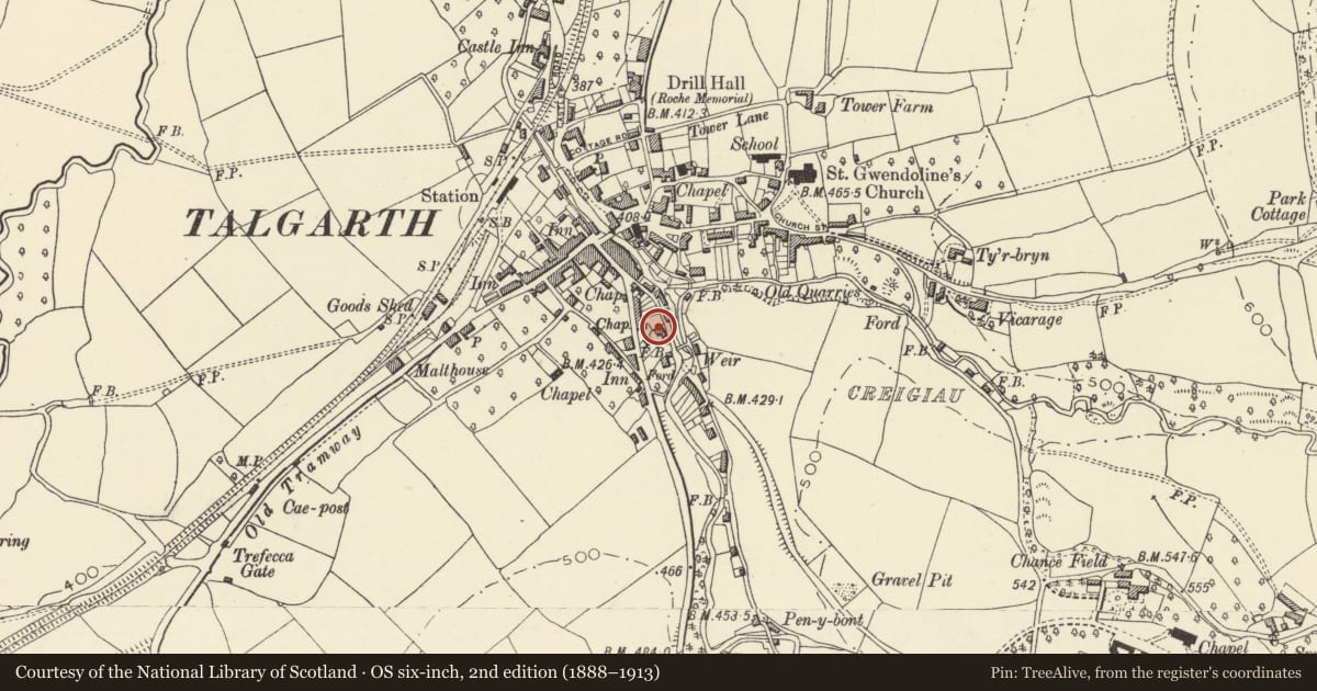 Ordnance Survey six-inch map, 2nd edition (1888–1913) covering the location of Upper Enig House, Talgarth, Powys, with a pin at the register's coordinates