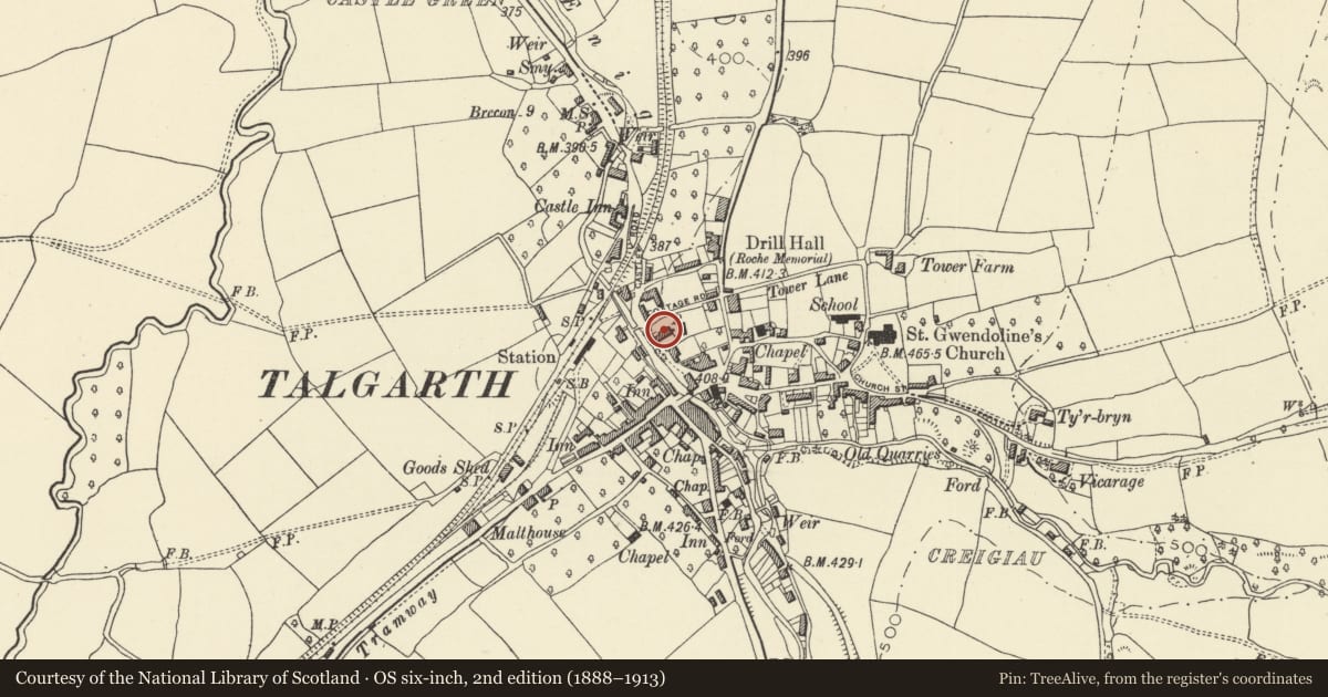Ordnance Survey six-inch map, 2nd edition (1888–1913) covering the location of Great House, Talgarth, Powys, with a pin at the register's coordinates