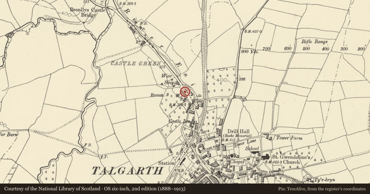 Ordnance Survey six-inch map, 2nd edition (1888–1913) covering the location of Milestone, Talgarth, Powys, with a pin at the register's coordinates
