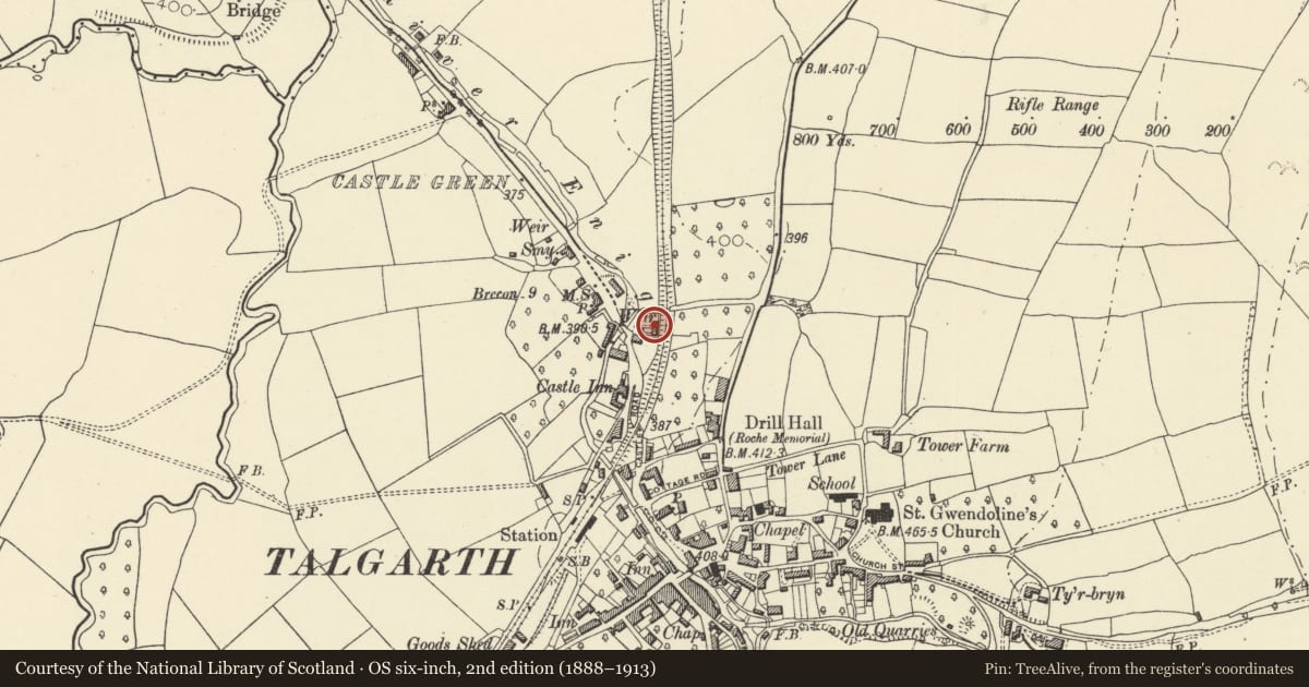 Ordnance Survey six-inch map, 2nd edition (1888–1913) covering the location of The Elms, Talgarth, Powys, with a pin at the register's coordinates