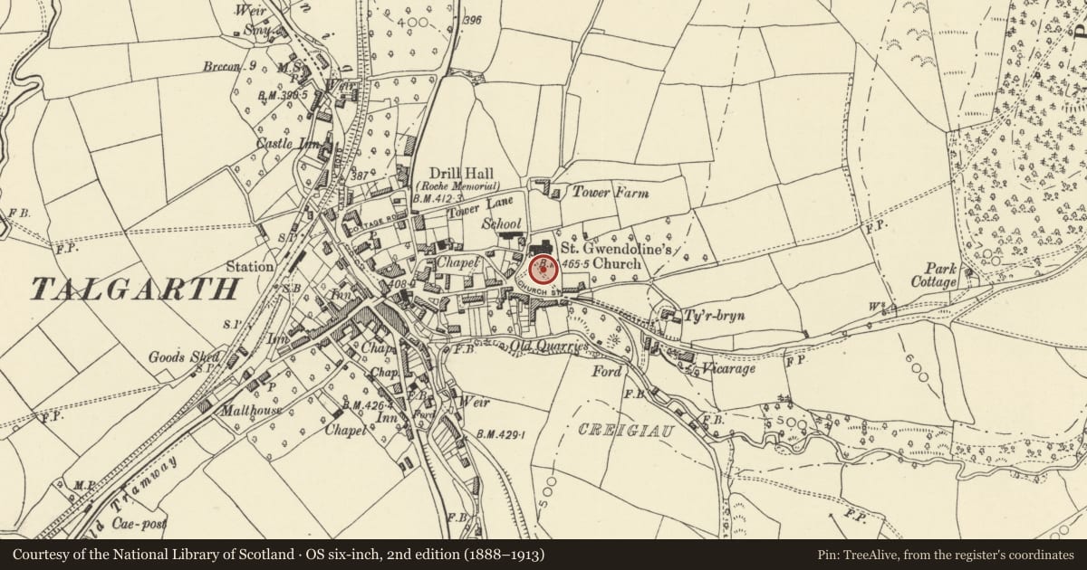 Ordnance Survey six-inch map, 2nd edition (1888–1913) covering the location of Tomb of Howell Harris in Churchyard of the Church of St Gwendoling, Talgarth, Powys, with a pin at the register's coordinates