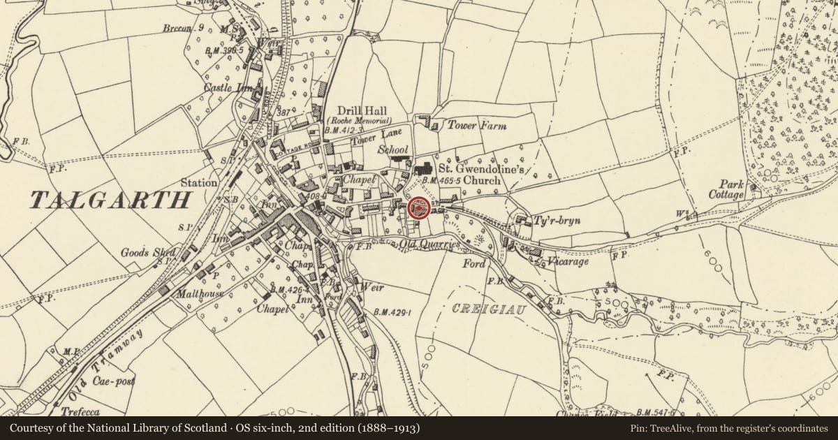 Ordnance Survey six-inch map, 2nd edition (1888–1913) covering the location of Merlin House, Talgarth, Powys, with a pin at the register's coordinates