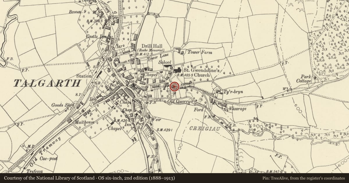 Ordnance Survey six-inch map, 2nd edition (1888–1913) covering the location of Highcliffe House, Talgarth, Powys, with a pin at the register's coordinates