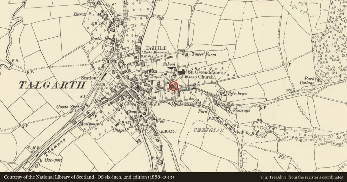 Ordnance Survey six-inch map, 2nd edition (1888–1913) covering the location of Crescent House, Talgarth, Powys, with a pin at the register's coordinates